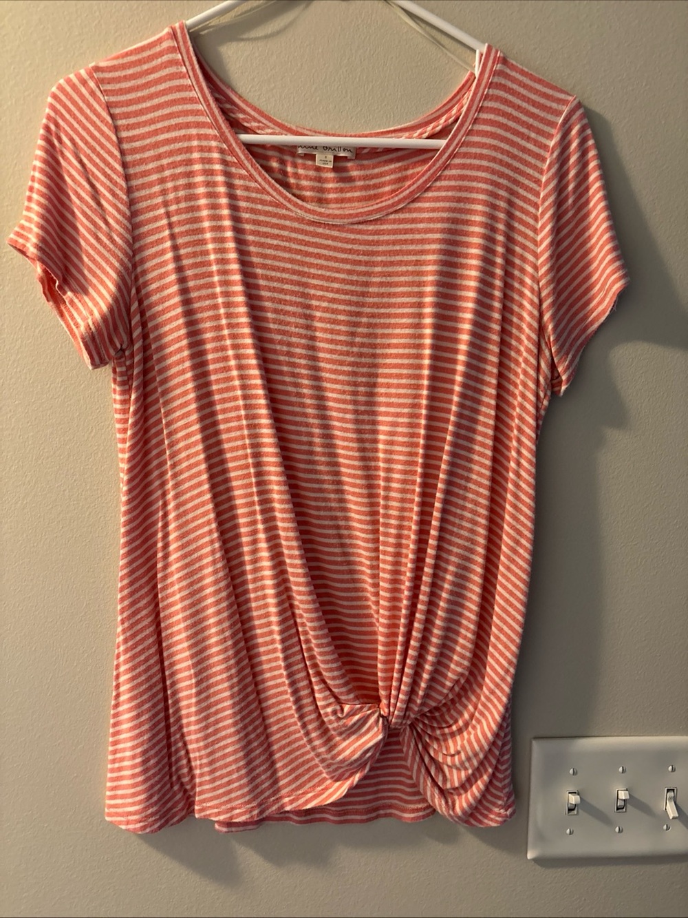 Nine Britton Pink and White Striped Twist-Front Short Sleeve Tee